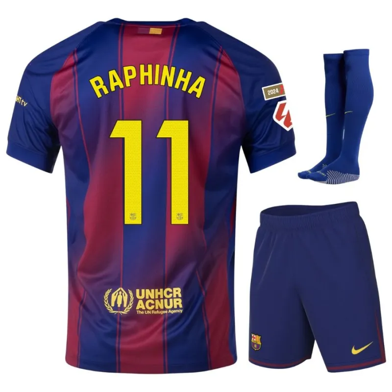 Set de camiseta infantil en casa del FC Barcelona RAPHINHA 2025/26 - Rojo/Azul