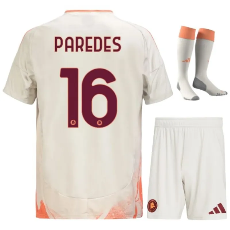 Paredes, insieme di maglie per bambini di trasferta dell'AS Roma 2024/25 - Bianca