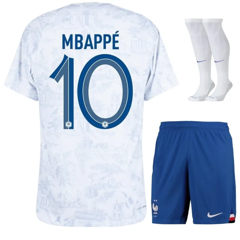 Kylian Mbappé's French national team 2022 away World Cup children's jersey set - White