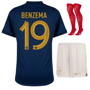 Karim Benzema's French national team 2022 home World Cup children's jersey set - Blue