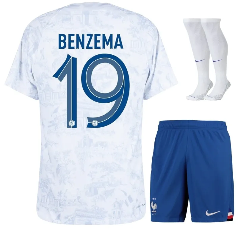 Karim Benzema's French national team 2022 away World Cup children's jersey set - White