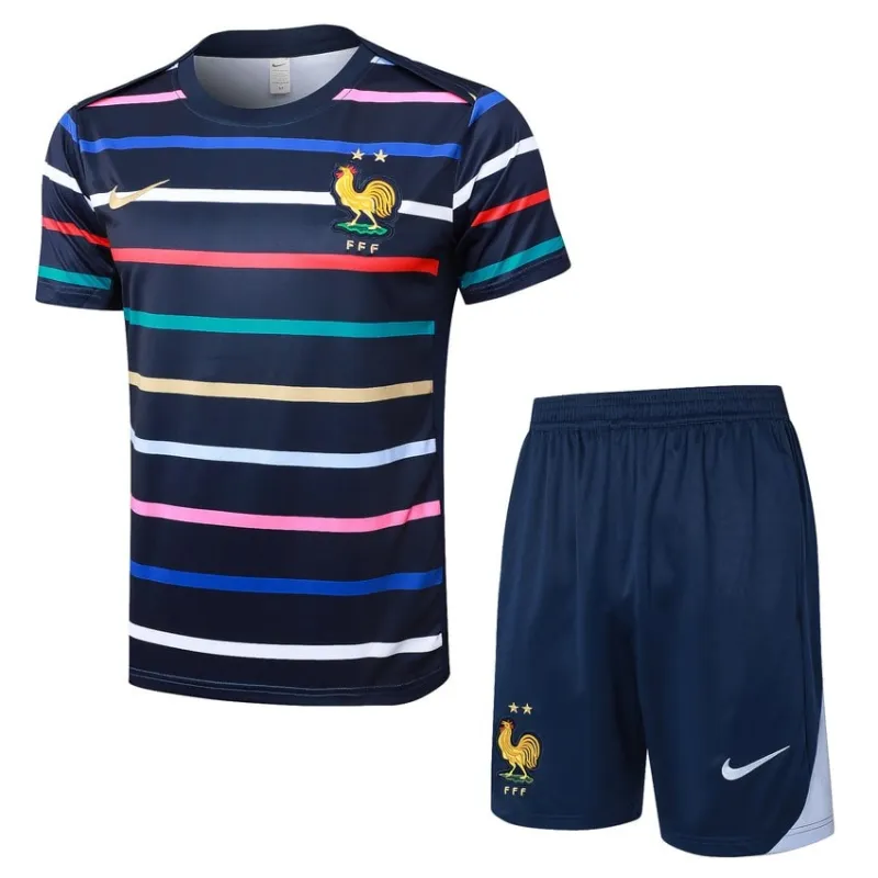 The training suit and shorts of the French national team for the 2024/25 season - blue pattern.