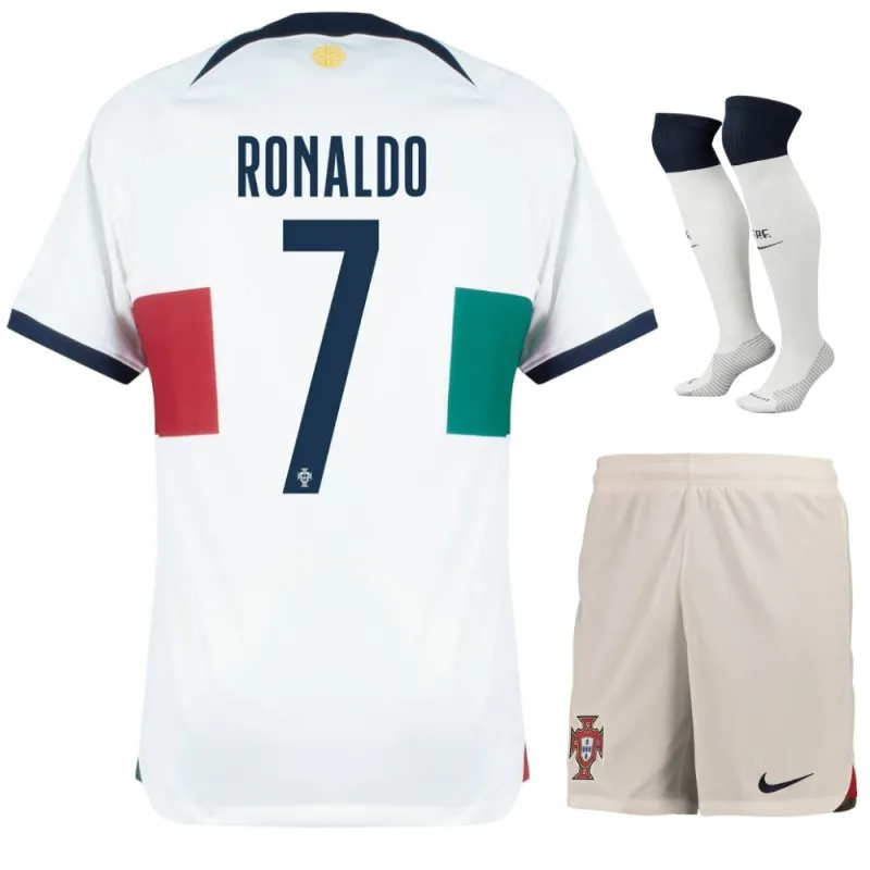 Ronaldo's Portugal 2022 World Cup Away Children's Jersey Set - White
