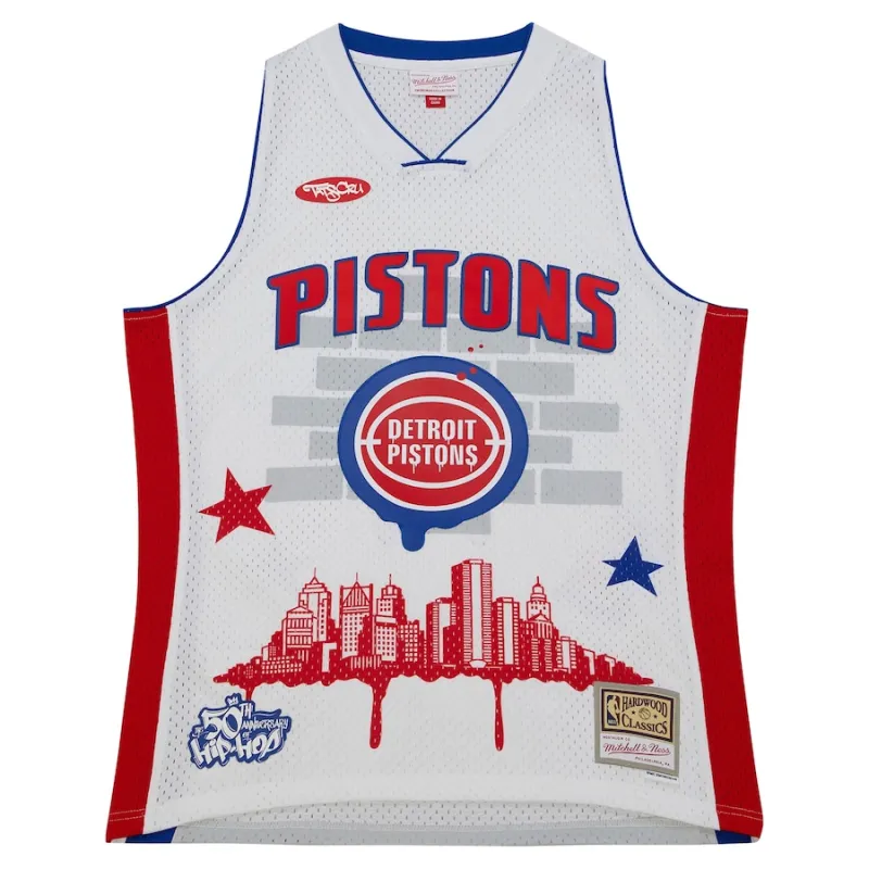 Detroit Pistons Maglia di moda Hardwood Classics di Mitchell & Ness x Tats Cru - Bianco
