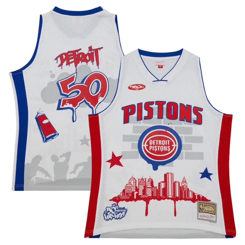 Detroit Pistons Maglia di moda Hardwood Classics di Mitchell & Ness x Tats Cru - Bianco