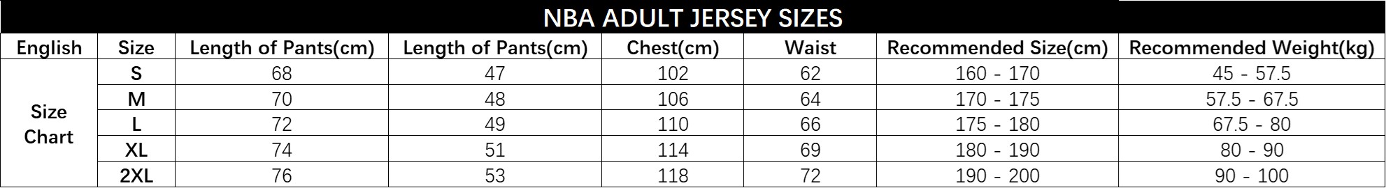 NBA jersey size chart