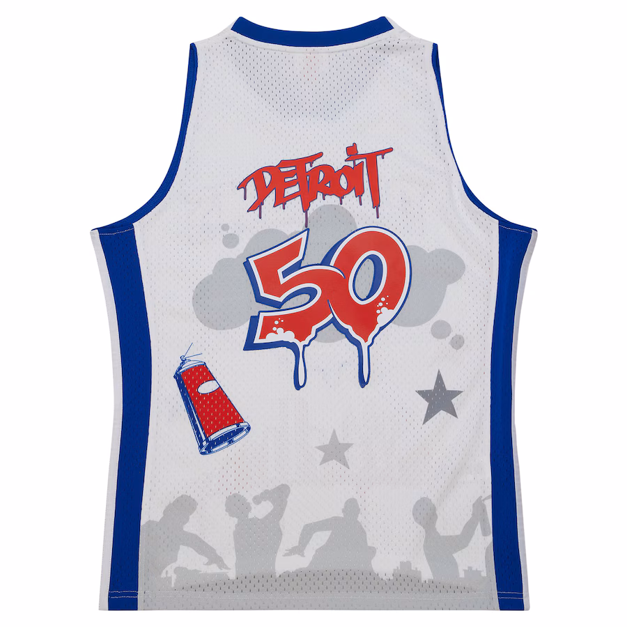Detroit Pistons Maglia di moda Hardwood Classics di Mitchell & Ness x Tats Cru - Bianco