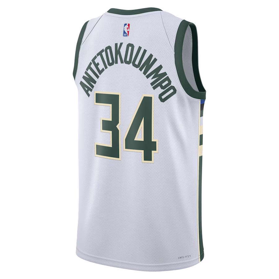 Giannis Antetokounmpo, Maglia Swingman unisex dei Milwaukee Bucks - Edizione Associazione - Bianco