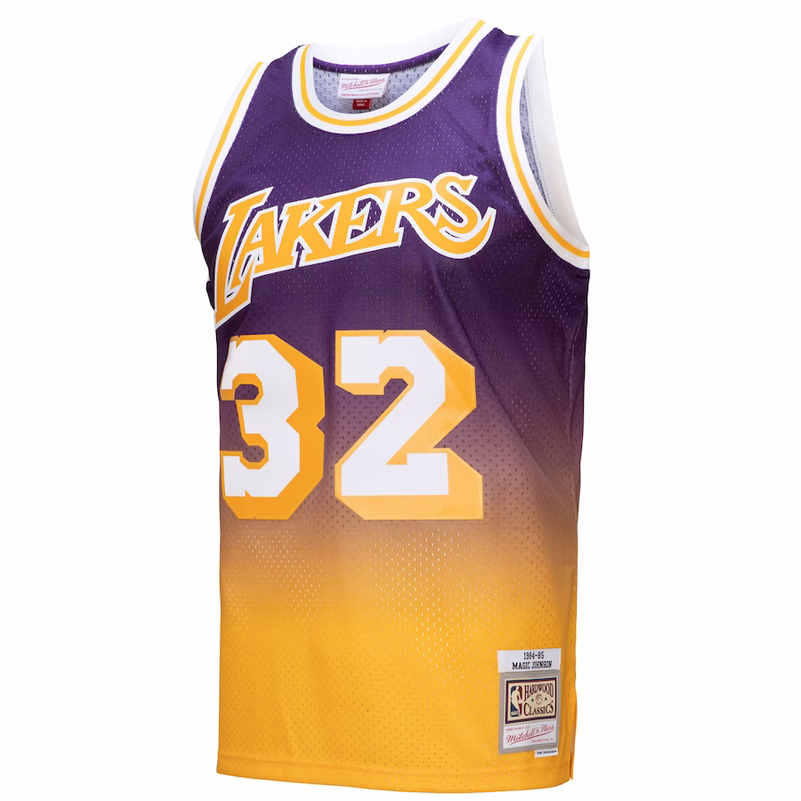 Magic Johnson, Los Angeles Lakers, Maglia Fadeaway Classica 1984/85, Oro/Viola