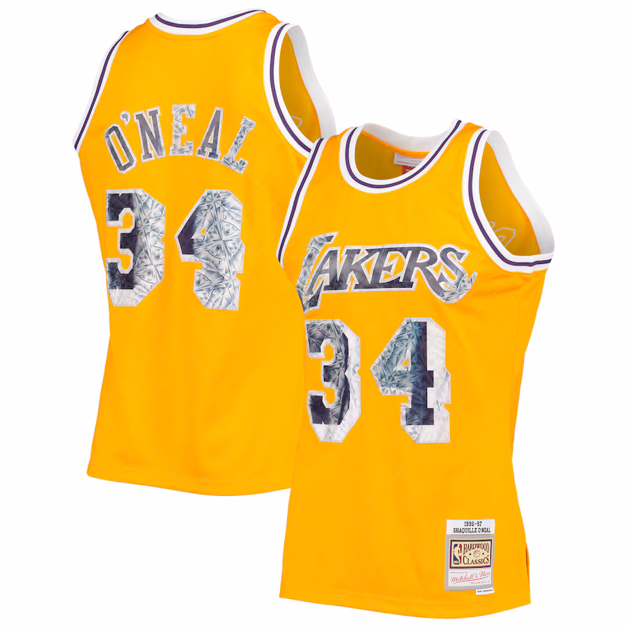 Shaquille O'Neal, Los Angeles Lakers, 1996-97 Clásico 75 Aniversario de la NBA Jersey Edición Diamond Fan, Oro